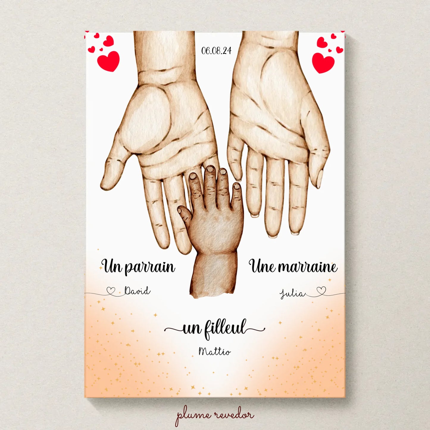 Affiche personnalisée - Main dans la main Parrain Marraine et Filleul(e) - Baptême
