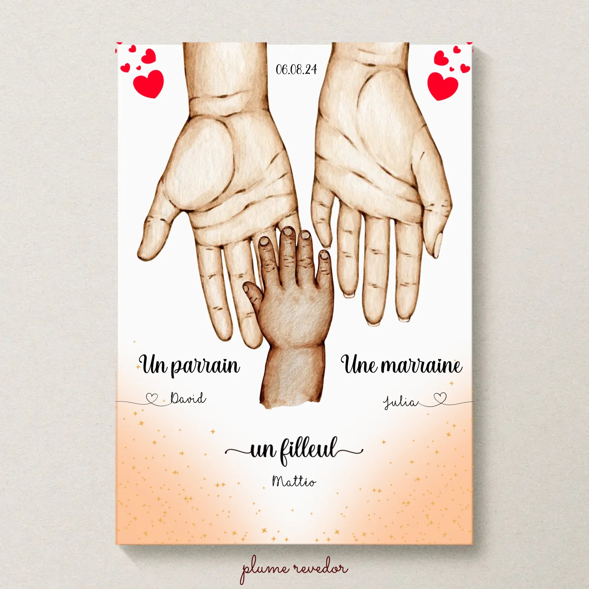 Affiche personnalisée - Main dans la main Parrain Marraine et Filleul(e) - Baptême