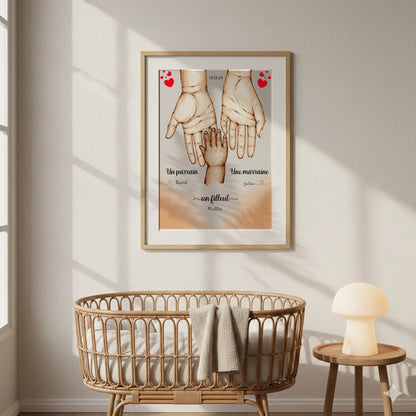 Affiche personnalisée - Main dans la main Parrain Marraine et Filleul(e) - Baptême
