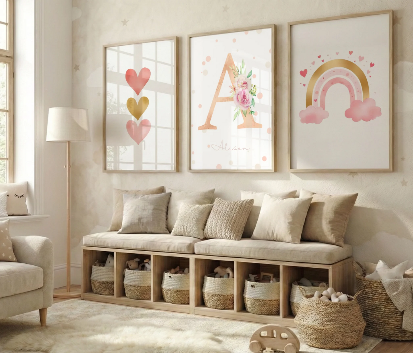 Triptyque chambre bébé - 3 Affiches naissance personnalisées prénom, cœur et arc-en-ciel