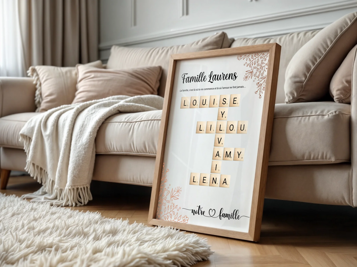 Affiche Famille Scrabble Personnalisée - Cadeau déco prénom croisés - Poster Scrabble fleurs