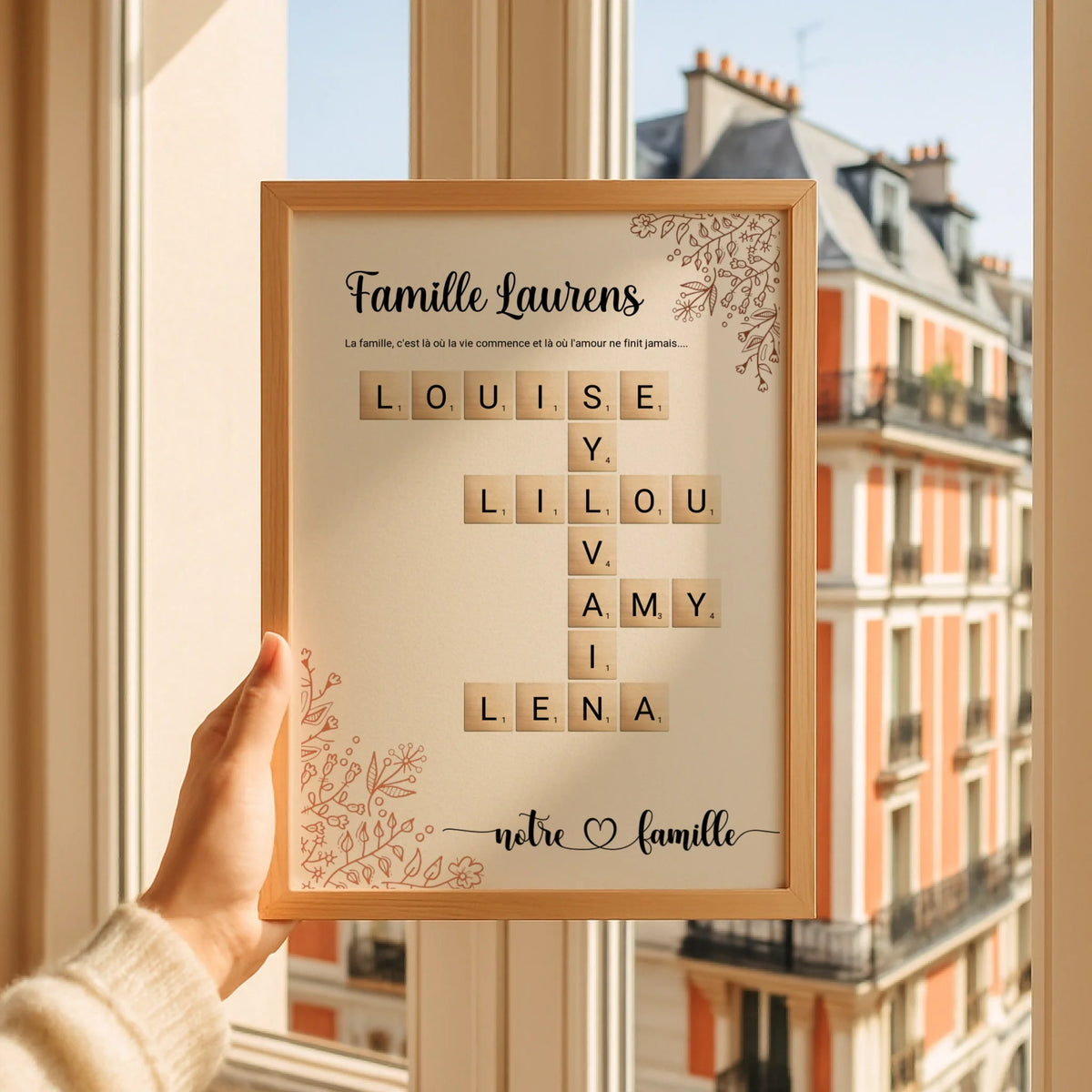 Affiche Famille Scrabble Personnalisée - Cadeau déco prénom croisés - Poster Scrabble fleurs