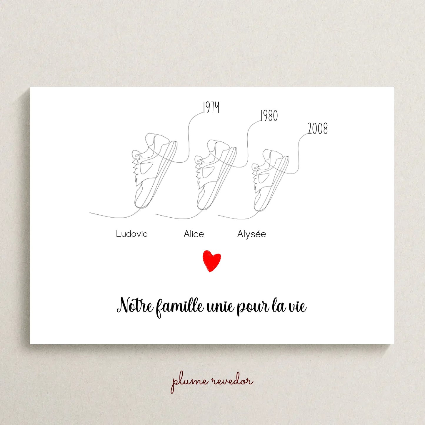 Affiche famille baskets en line art — une paire et un prénom par membre