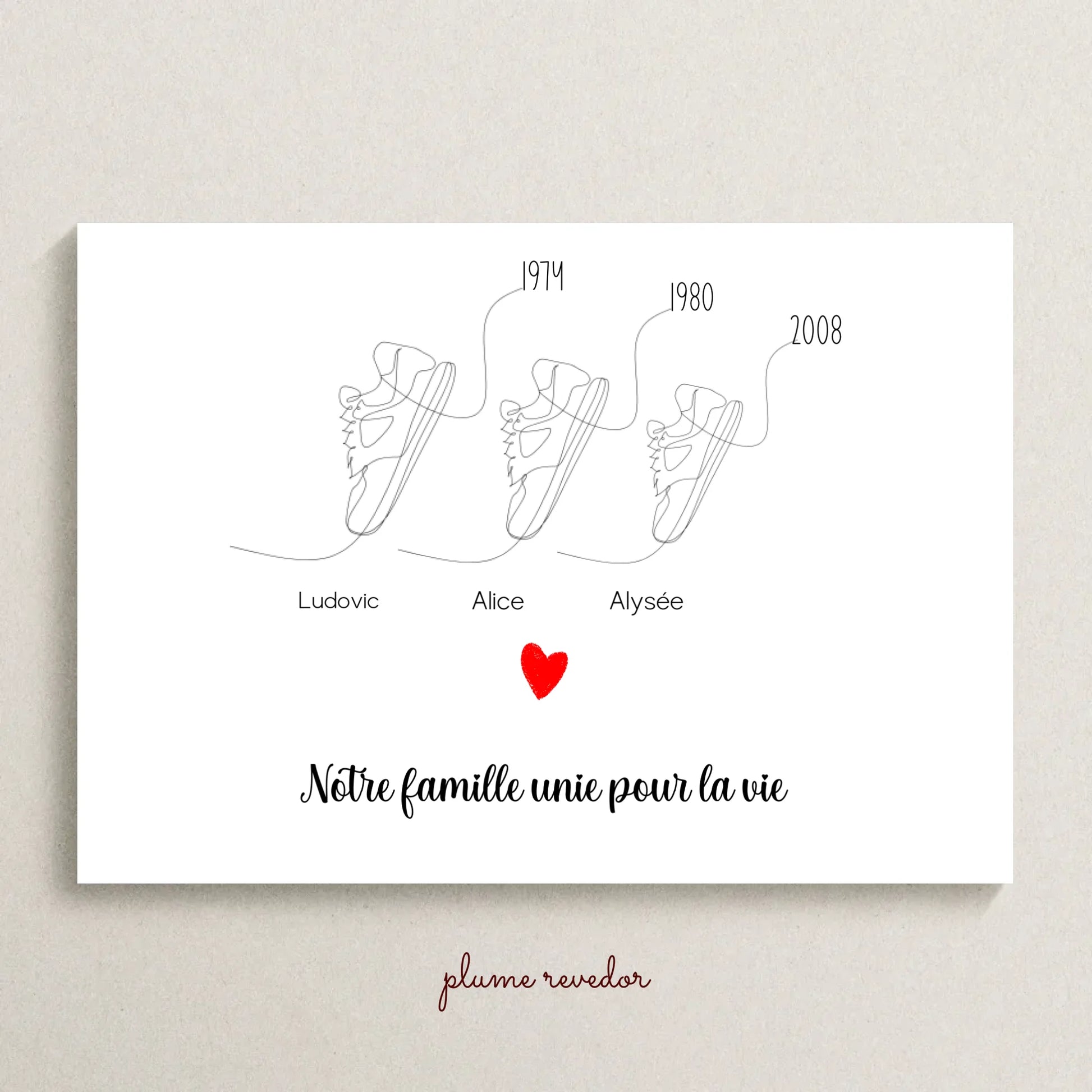 Affiche famille baskets en line art — une paire et un prénom par membre