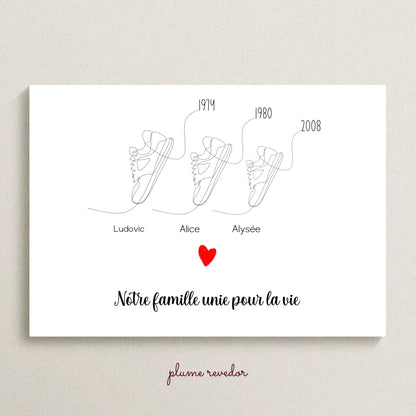 Affiche famille baskets en line art — une paire et un prénom par membre