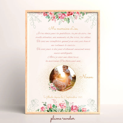 Affiche personnalisée - Marraine ou Parrain avec Texte et photo - cadeau personnalisé Marraine Parrain