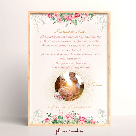 Affiche personnalisée - Marraine ou Parrain avec Texte et photo - cadeau personnalisé Marraine Parrain