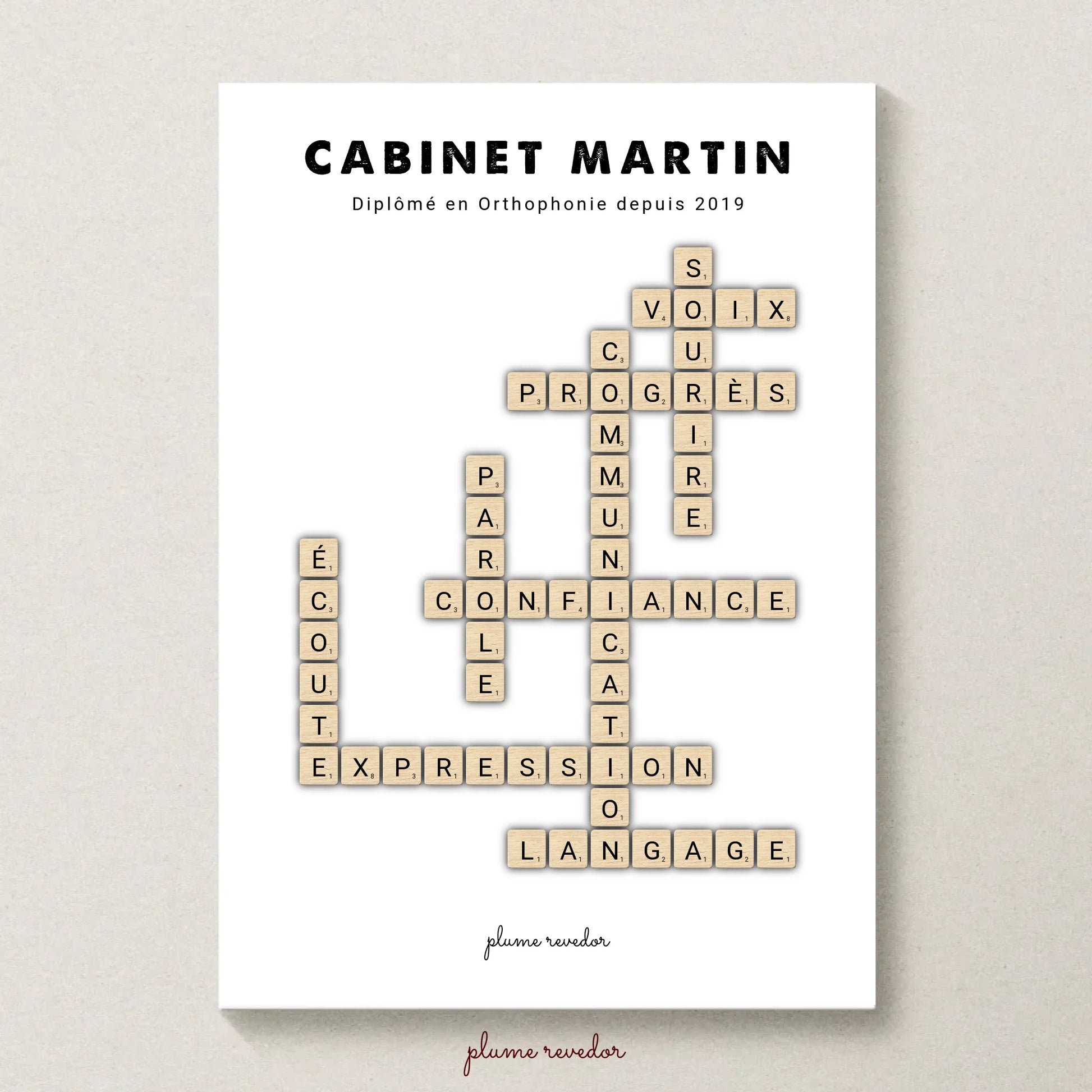 Détail des lettres scrabble beige formant les mots Confiance, Parole et Expression sur fond blanc