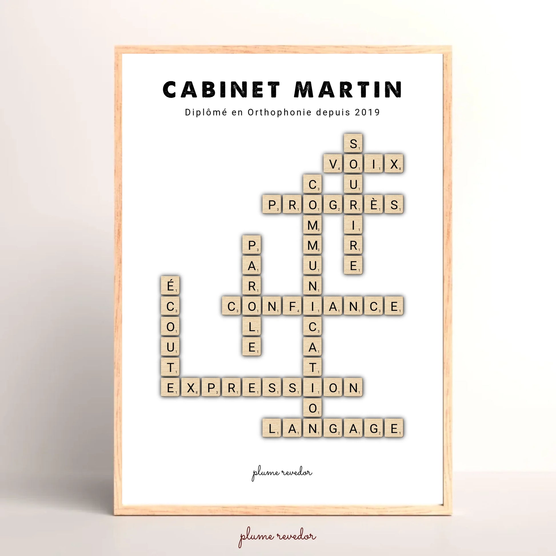 Cadeau orthophoniste personnalisé accroché dans la salle d'attente d'un cabinet d'orthophonie