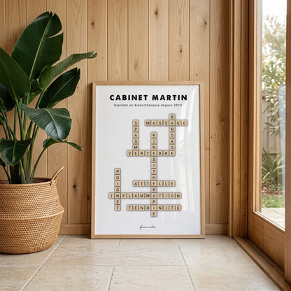 Affiche encadrée au mur d'un cabinet dentaire, décoration personnalisée au nom du praticien
