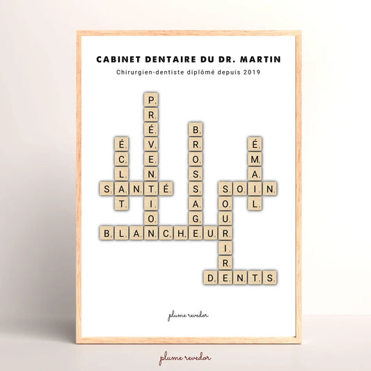 Affiche scrabble personnalisée pour dentiste, mots Sourire, Soin et Confiance autour du nom du cabinet