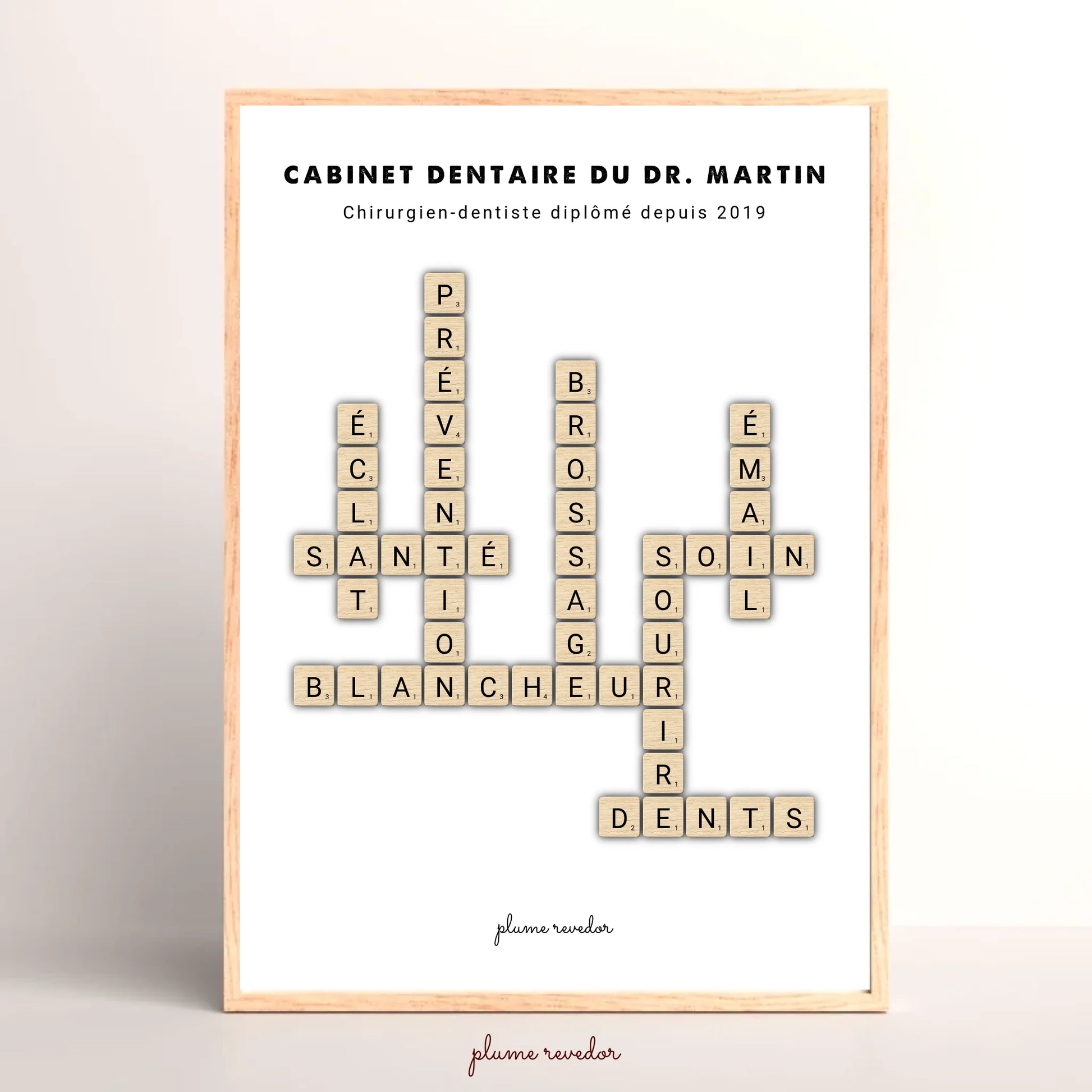 Affiche scrabble personnalisée pour dentiste, mots Sourire, Soin et Confiance autour du nom du cabinet