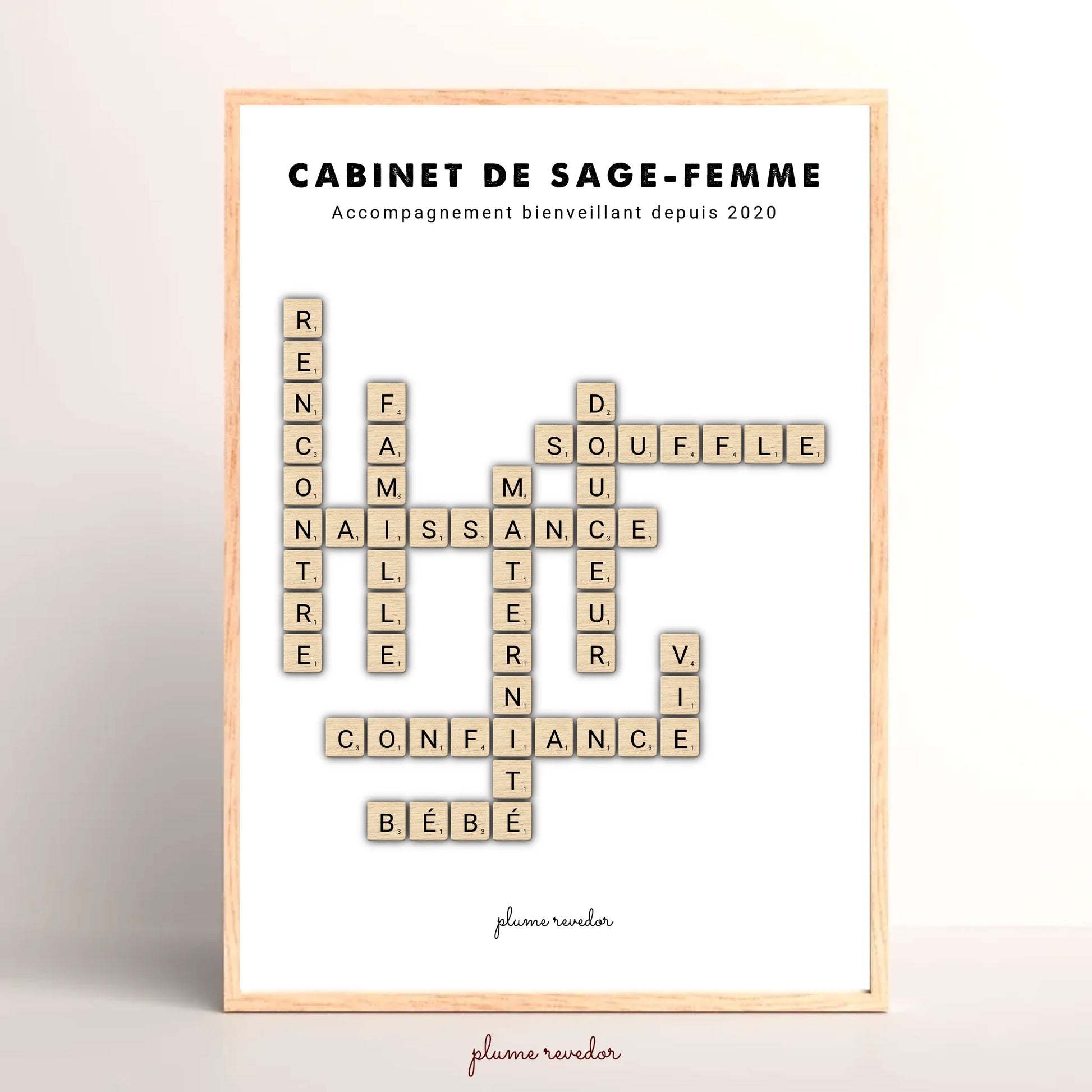 Affiche scrabble personnalisée pour sage-femme, mots Merci, Douceur et Bienveillance autour du prénom