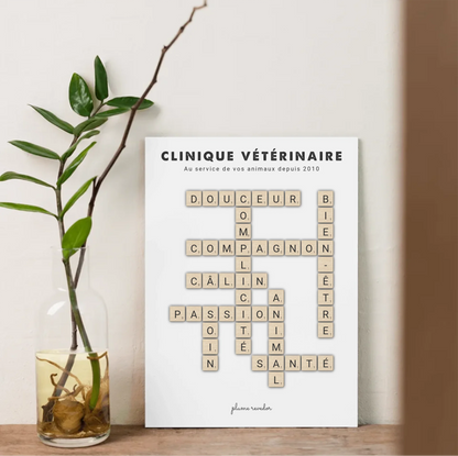 Affiche encadrée au mur d'une clinique vétérinaire, décoration personnalisée au nom du praticien