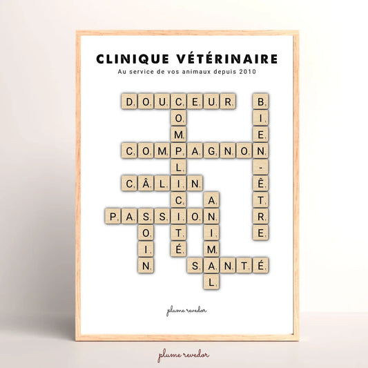 Affiche scrabble personnalisée pour vétérinaire, mots Patte, Complicité et Bienveillance autour du nom de la clinique