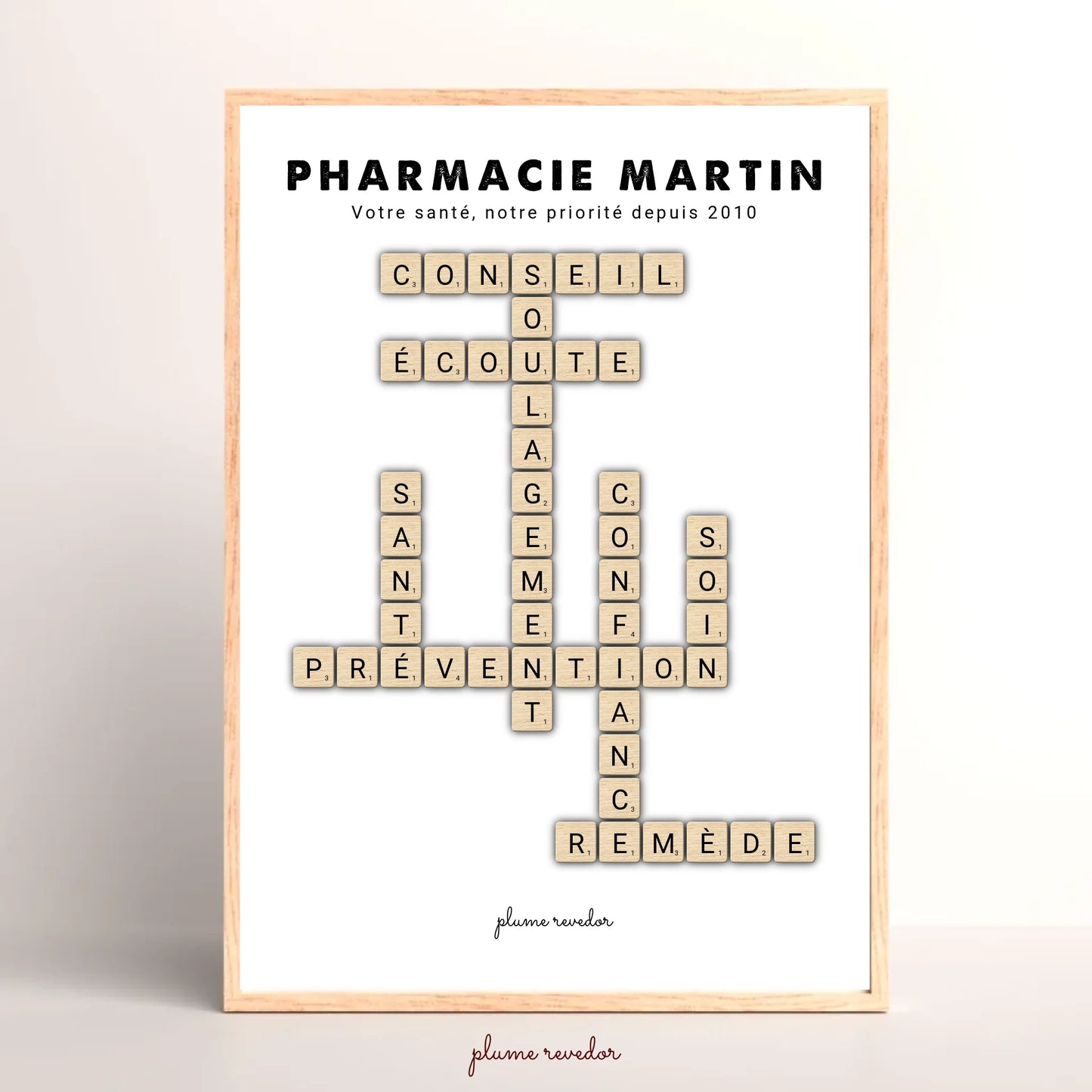 Affiche scrabble personnalisée pour pharmacien, mots Conseil, Attention et Confiance autour du nom de la pharmacie