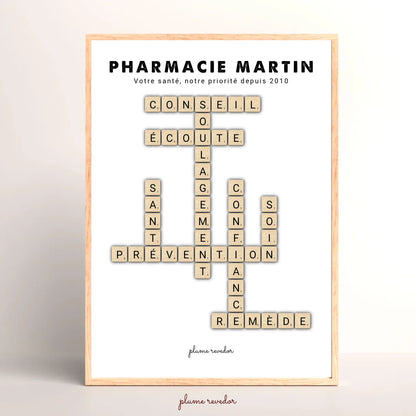 Affiche scrabble personnalisée pour pharmacien, mots Conseil, Attention et Confiance autour du nom de la pharmacie