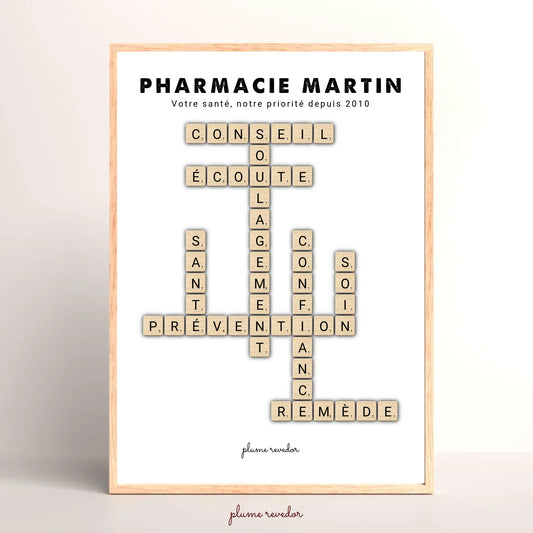 Affiche scrabble personnalisée pour pharmacien, mots Conseil, Attention et Confiance autour du nom de la pharmacie