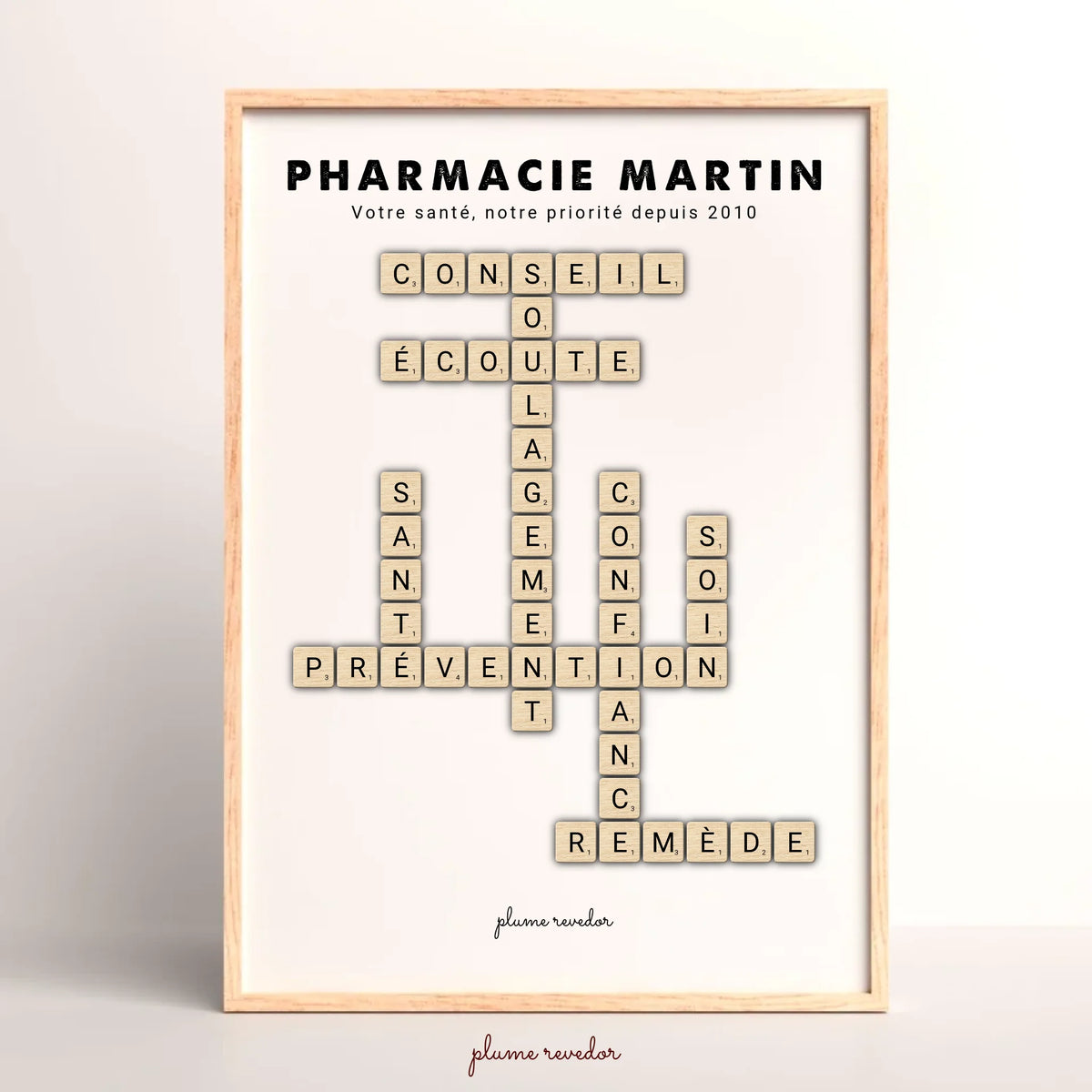 Affiche scrabble personnalisée pour pharmacien, mots Conseil, Attention et Confiance autour du nom de la pharmacie