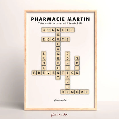 Affiche scrabble personnalisée pour pharmacien, mots Conseil, Attention et Confiance autour du nom de la pharmacie