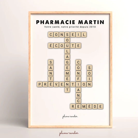 Affiche scrabble personnalisée pour pharmacien, mots Conseil, Attention et Confiance autour du nom de la pharmacie