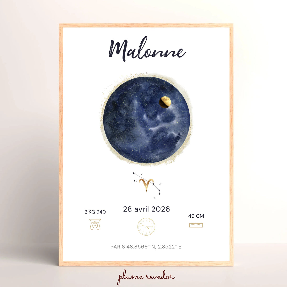 Affiche Naissance Personnalisée — Prénom, Heure, Poids et Taille avec Carte du Ciel