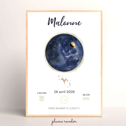 Affiche Naissance Personnalisée — Prénom, Heure, Poids et Taille avec Carte du Ciel