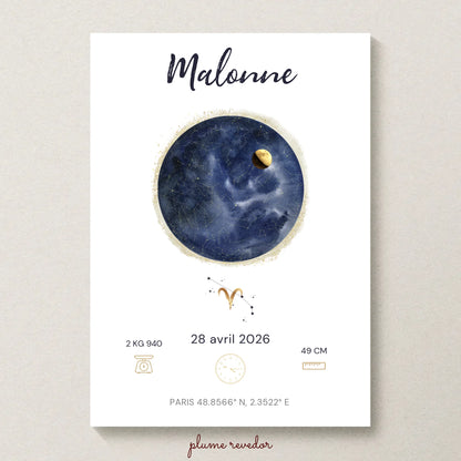 Affiche Naissance Personnalisée — Prénom, Heure, Poids et Taille avec Carte du Ciel