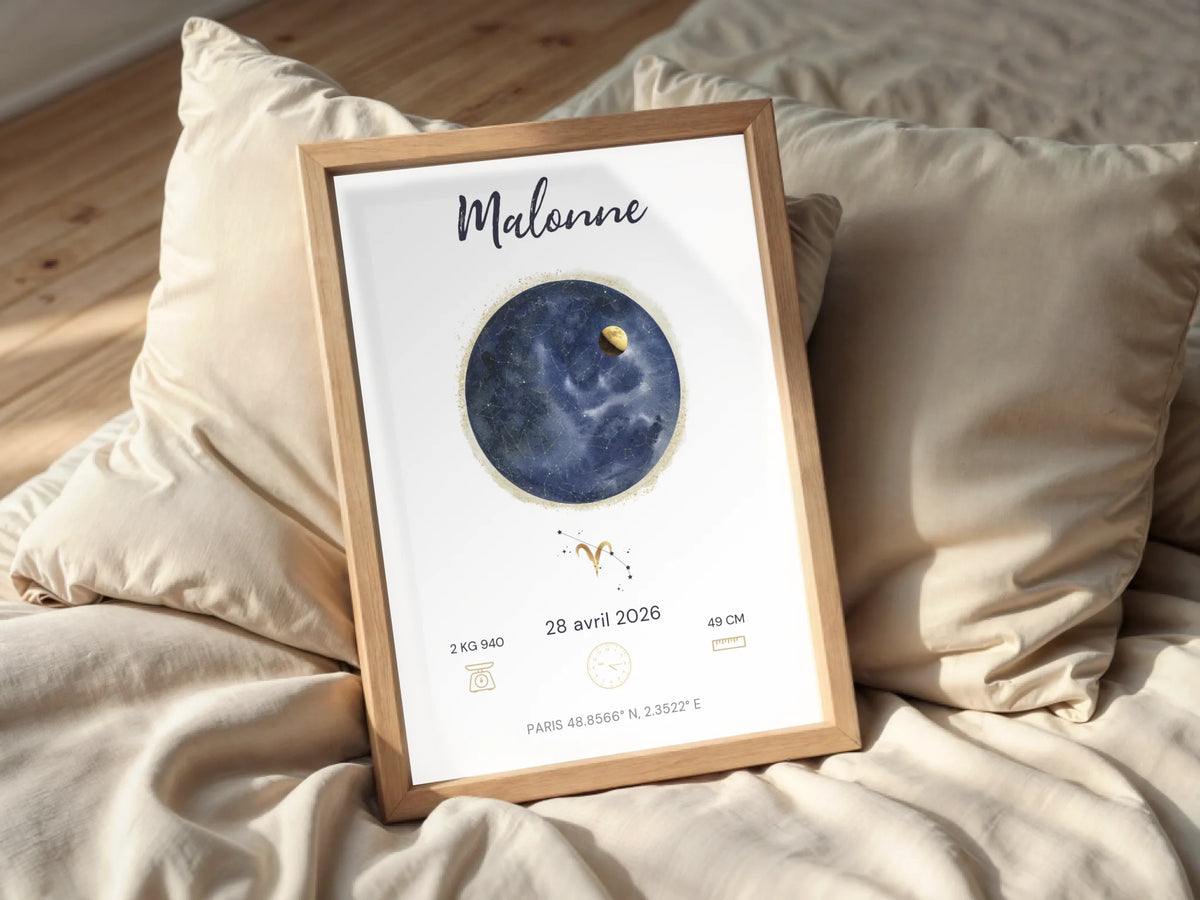Affiche Naissance Personnalisée — Prénom, Heure, Poids et Taille avec Carte du Ciel