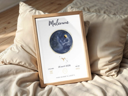 Affiche Naissance Personnalisée — Prénom, Heure, Poids et Taille avec Carte du Ciel