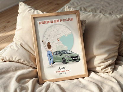 Affiche personnalisée « Permis en poche » dans un cadre posé sur un lit.