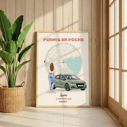 Poster « Permis en poche » personnalisé dans un cadre clair, présenté dans une pièce lumineuse.