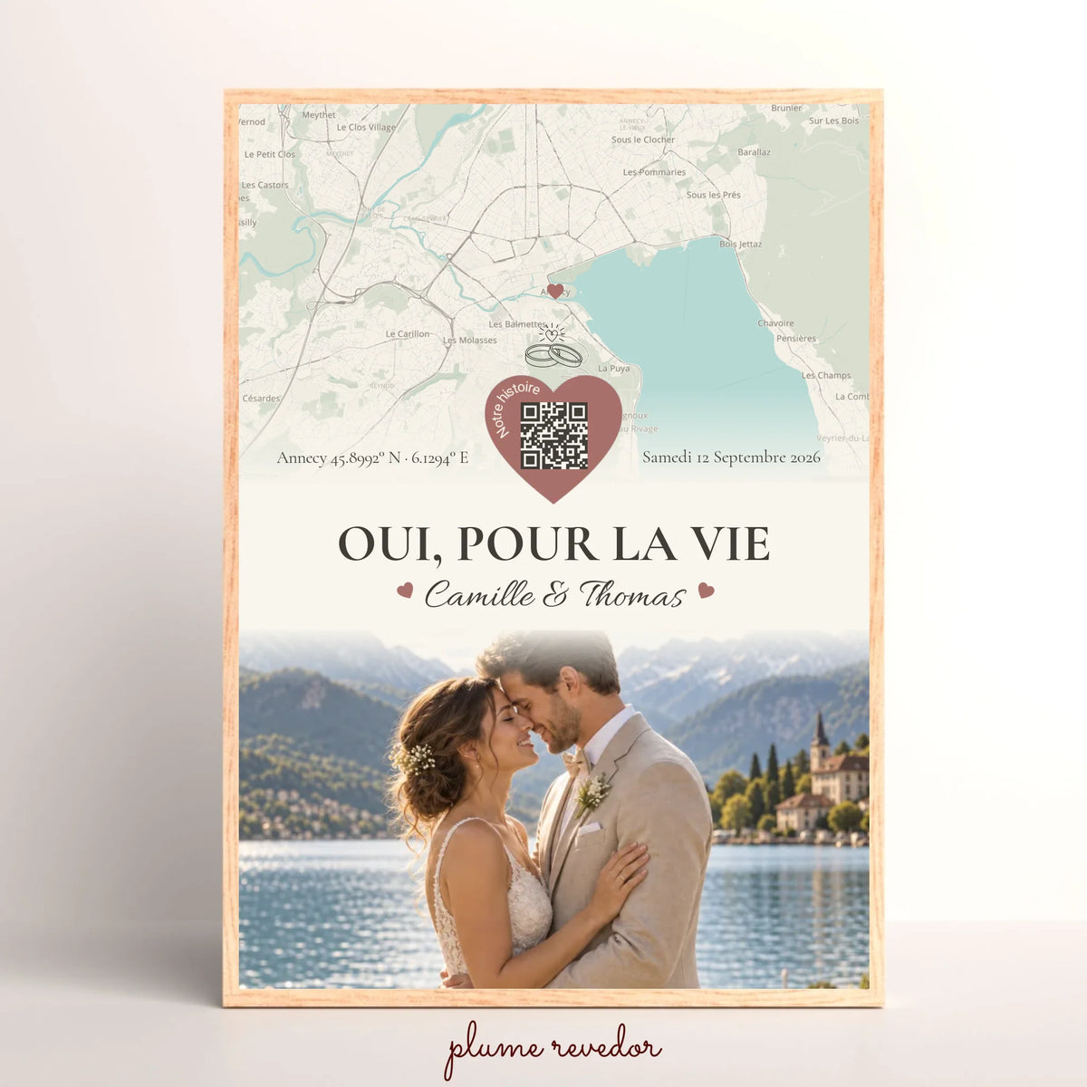 Affiche souvenir de mariage personnalisée encadrée, avec carte, date, prénoms, QR code et photo de couple.