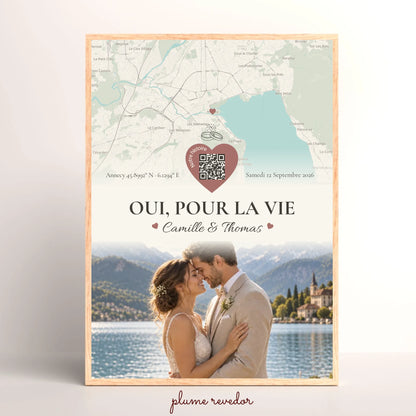 Affiche souvenir de mariage personnalisée encadrée, avec carte, date, prénoms, QR code et photo de couple.