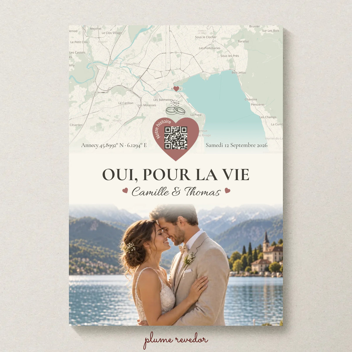 Affiche souvenir de mariage avec carte du lieu, QR code, prénoms et photo du couple.