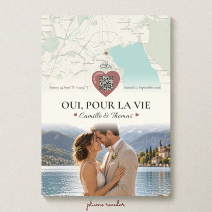 Affiche souvenir de mariage avec carte du lieu, QR code, prénoms et photo du couple.
