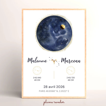 Cadeau Naissance Jumeaux Personnalisé — Carte du Ciel, Deux Prénoms et Deux Heures
