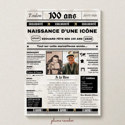 Affiche Personnalisée Anniversaire 100 Ans Journal. Cadeau anniversaire 100 ans