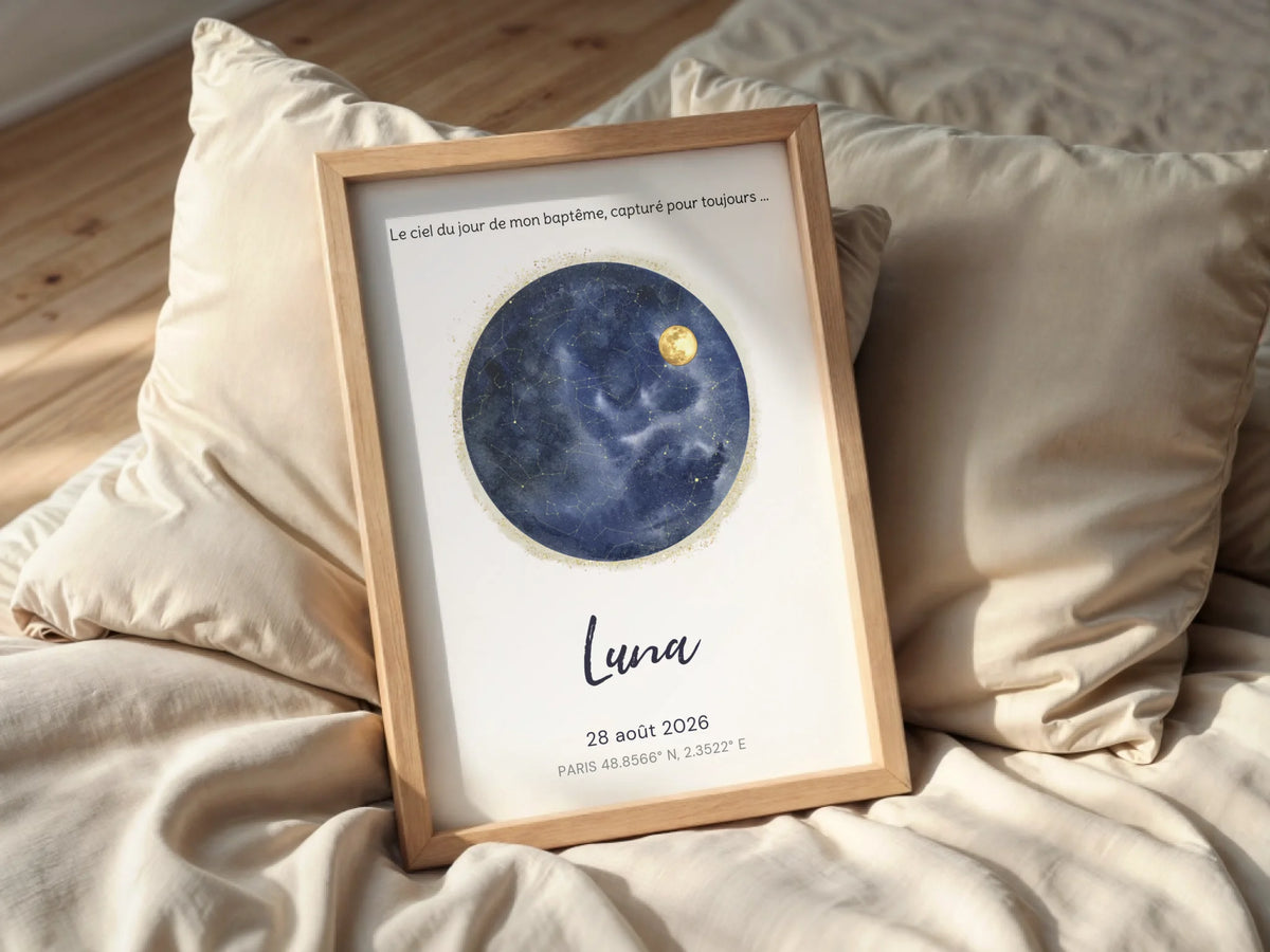 Affiche Personnalisée baptême - Carte des étoiles avec Constellations et phase de la lune