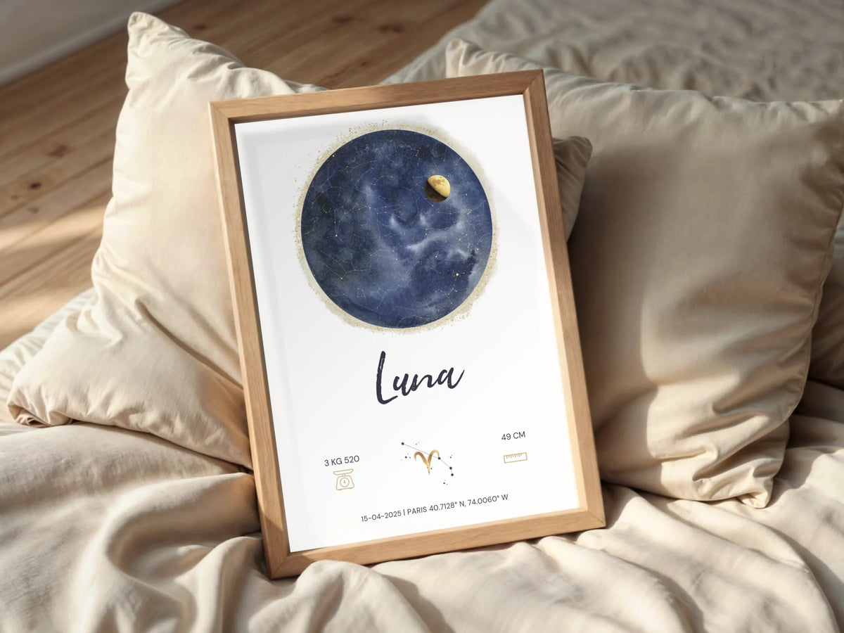 Affiche Personnalisée Naissance - Carte des étoiles avec Constellations, phase de la lune et signe astrologique