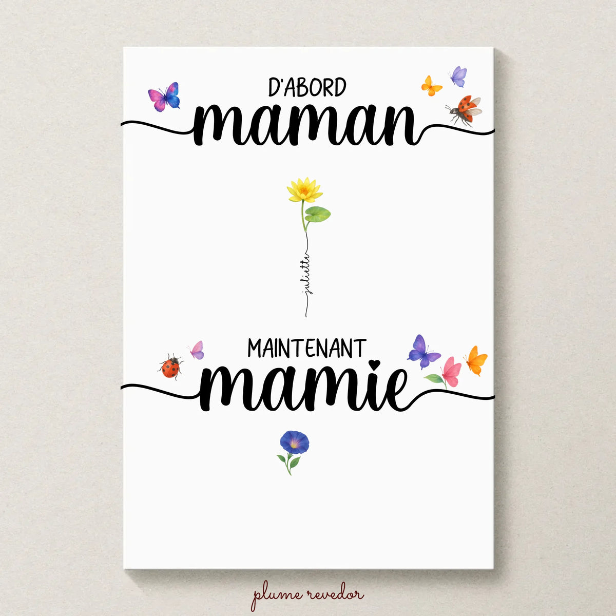 Affiche D'abord maman, maintenant mamie avec Fleurs de Naissance. Cadeau Mamie