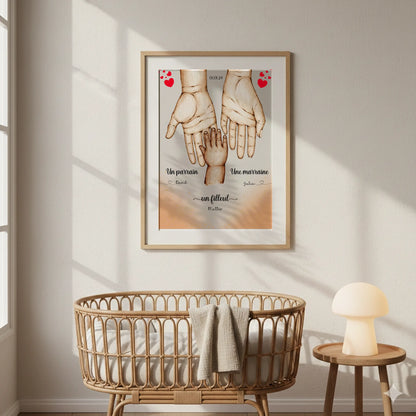 Affiche personnalisée - Main dans la main Parrain Marraine et Filleul(e) - Baptême