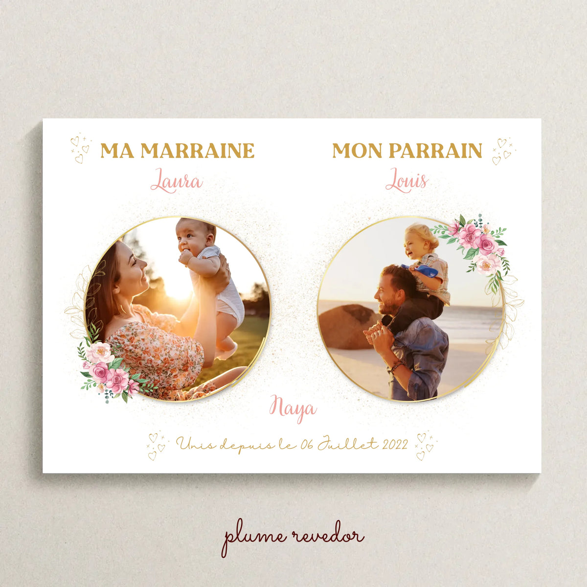Affiche personnalisée - parrain et marraine avec photos - Baptême champêtre bohème rose