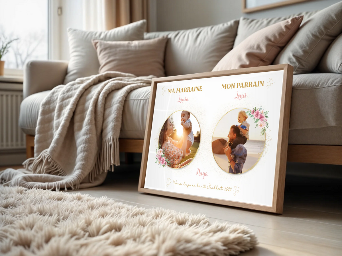 Affiche personnalisée - parrain et marraine avec photos - Baptême champêtre bohème rose