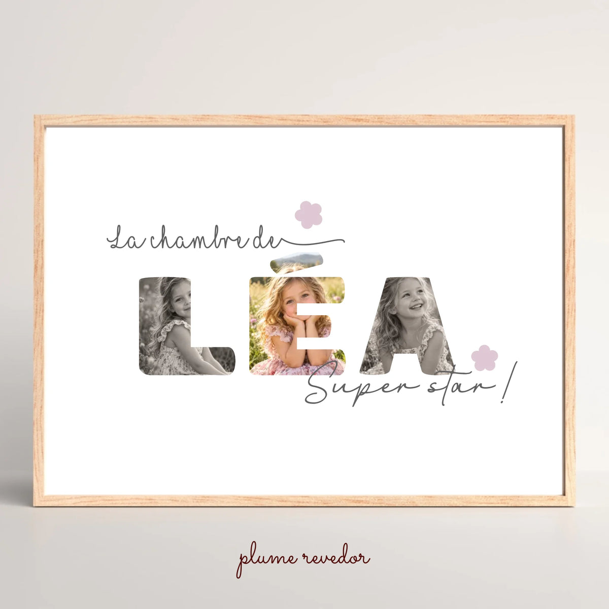 Affiche La chambre de personnalisée avec prénom en lettres photos arrondies, deux écritures et fleurs de couleur au choix