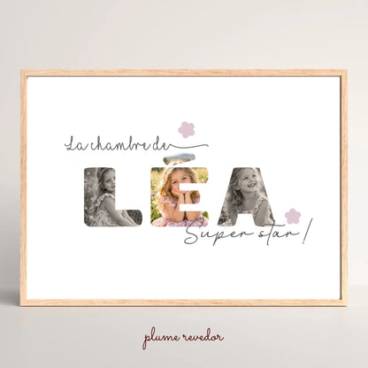 Affiche La chambre de personnalisée avec prénom en lettres photos arrondies, deux écritures et fleurs de couleur au choix