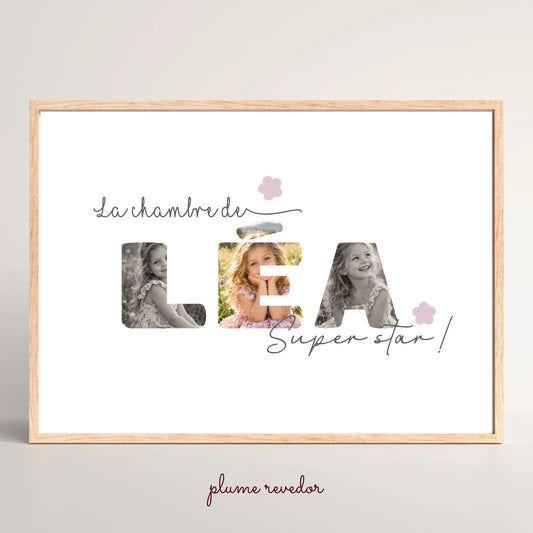 Affiche La chambre de personnalisée avec prénom en lettres photos arrondies, deux écritures et fleurs de couleur au choix