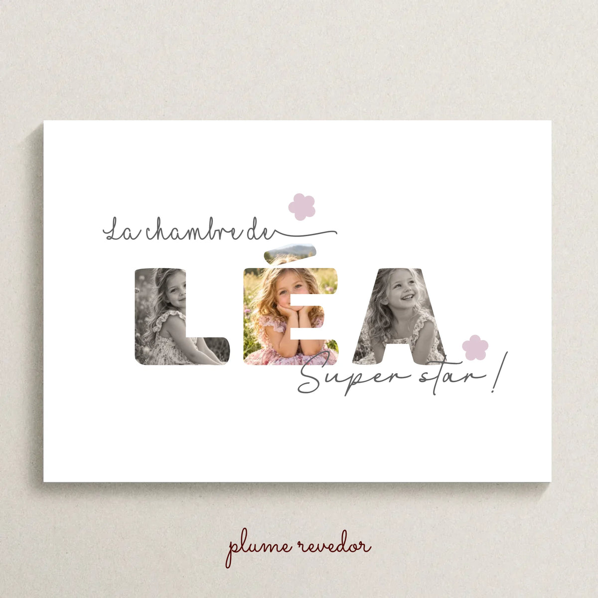 Affiche La chambre de personnalisée avec prénom en lettres photos arrondies, deux écritures et fleurs de couleur au choix