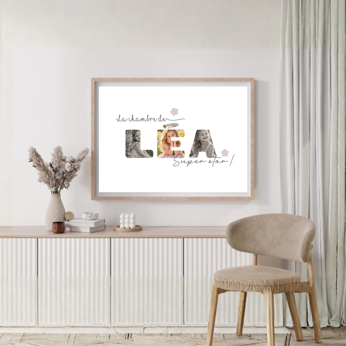 Affiche La chambre de personnalisée avec prénom en lettres photos arrondies, deux écritures et fleurs de couleur au choix