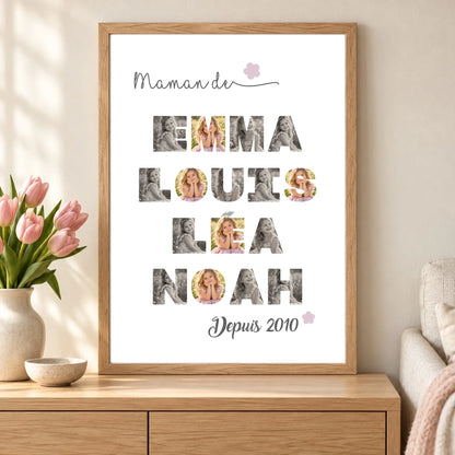 Affiche Maman de quatre enfants avec prénoms en photos, cadre vertical et bouquet de tulipes roses